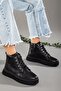 Genuine Leather Thick Sole Ring Laced Black Women's Boots