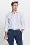 Men's White-Blue Slim Fit Slim Fit 100% Cotton Small Italian Collar Striped Shirt