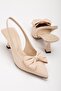 Large Size Bowknot Satin Beige Women's Heeled Shoes