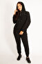 Women's Plus Size Black Stone Detailed Front Zipper and Hooded Sweatshirt Trousers Two-Piece Set 65N38387 - 7