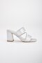 Satin Two-Striped Cross Stripe Stone Silver Women's Heeled Slippers - 3
