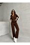 Women's Chic Striped Detail Brown Sweater Palazzo Pants Bottom and Top Two-Piece Knit Set - 6