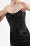 Women's Black Underwire Bodice Detailed Rhinestone Long Evening Dress - 3