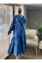 Blue Dress with Ruffled Neckline and Rubber Sleeve Belt