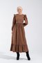 2254_Women's Nubuck Burning Pattern Shoulder Ruffle and Belt Buckle Detail Crew Neck Long Flared Dress - 2