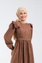 2254_Women's Nubuck Burning Pattern Shoulder Ruffle and Belt Buckle Detail Crew Neck Long Flared Dress - 4
