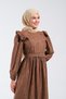 2254_Women's Nubuck Burning Pattern Shoulder Ruffle and Belt Buckle Detail Crew Neck Long Flared Dress - 5