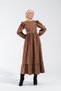2254_Women's Nubuck Burning Pattern Shoulder Ruffle and Belt Buckle Detail Crew Neck Long Flared Dress