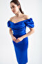 Women's Cobalt Slim Fit Boat Neck Slit Satin Evening Dress - 4