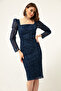 Women's Navy Blue Slim Fit Square Neck Glitter Midi Evening Dress - 2