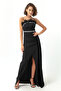 Women's Black Otrichet Stone Printed Long Evening Dress - 3