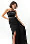 Women's Black Otrichet Stone Printed Long Evening Dress - 2