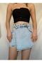 Mr Snow Wash Asymmetrical Jean Denim Shorts Skirt with Front Closure Detail - 2