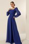 Square Neck Belted Waist Lined Chiffon Long Evening Dress - 3
