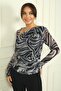 Women's Asymmetrical Collar Gathered Waist Snake Pattern Tulle Blouse - 2