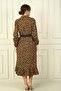 Women's Shirt Collar Long Sleeve Buttoned Front Leopard Print Dress with Belt - 4