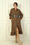 Women's Shirt Collar Long Sleeve Buttoned Front Leopard Print Dress with Belt - 2