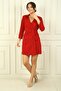 Women's Gathered Front Buckle Tied Long Sleeve Dress - 2