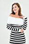 Women's Pencil Pattern Madonna Collar Long Sleeve Line Patterned Midi Length White Knitwear Dress 1160 - 2