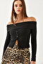 Women's Black Madonna Collar Ribbed Button Detailed Blouse 60351007 - 4