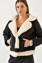 Women's Black Double-Breasted Collar Plush Detailed Puffer Coat 2401 60351018