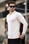 White Zippered Polo Collar Stripe Detailed Long Sleeve Sweater 7267 - 2