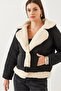 Women's Black Double-Breasted Collar Plush Detailed Puffer Coat 2401 60351018 - 2