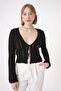 Women's V-Neck Openwork Patterned Knitwear Cardigan with Tie Front Standard Fit Black 25W3008 - 2