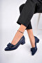 Genuine Leather Navy Blue Women's Heeled Leather Shoes Shn-1085 - 3