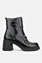 Women's Black Rugan Genuine Natural Leather Thick Heeled Buckle Boots & Booties