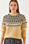 Women's Camel Crew Neck Patterned Jacquard Knitwear Sweater 20246854 - 5