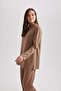 Regular Fit Half Turtleneck Soft Furry Softshell Long Sleeve Tunic Beige - 3