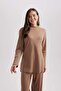 Regular Fit Half Turtleneck Soft Furry Softshell Long Sleeve Tunic Beige - 4