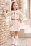 Girl's Cream Chiffon Dress with Waistband and Bust Bow Detail and Pleated Skirt - 2