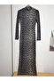 Women's Leopard Stand Collar Long Sleeve Maxi Length Dress - 8