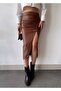 Midi Length Suede Leather Skirt with Drawstring Detail and Slits