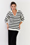 Women's Ecru-Black Polo Collar Striped Knitwear Sweater Se01 - 5