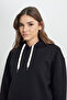Regular Fit Regular Cut Hooded Women's Black Youth Cute Sweatshirt with Fleece Inside - 6