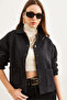 Women's Black Double Pocket Stamped Unlined Jacket Ckt- 19000391 - 3