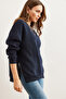 Women's Navy Blue Thick Sweatshirt with Side Zipper Detail and Fleece Inside Swt- 19000624 - 5