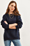Women's Navy Blue Thick Sweatshirt with Side Zipper Detail and Fleece Inside Swt- 19000624 - 3