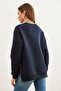 Women's Navy Blue Thick Sweatshirt with Side Zipper Detail and Fleece Inside Swt- 19000624 - 7