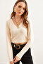 Women's Beige V-Neck Soft Touch Flexible Blouse Blz- 19002767