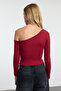 Burgundy Fitted Asymmetrical Collar Off-The-Shoulder Ribbed Knitted Blouse Twoaw23Bz00088 - 5