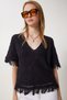 Women's Black V-Neck Openwork Seasonal Knitwear Blouse Cv00039