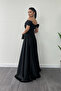 Satin Fabric Gathered Strap Evening Dress - Black - 5