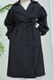 Black Balloon Sleeve Trench with Waist Tie - 3