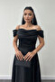 Satin Fabric Gathered Strap Evening Dress - Black - 3