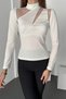 Women's Crew Neck Long Sleeve Cut Out Tulle Detailed Blouse White - 6