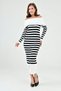 Women's Stretchy Knitwear Fabric Long Sleeve Madonna Collar Midi Length Striped White Knitwear Dress 1160 - 7